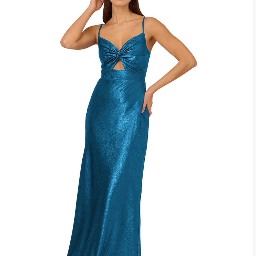 Adrianna Papell Blue Maxi Gown Spaghetti Strap Sweetheart